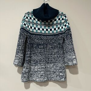 Decree Fair Isle Knit Cowl Neck Sweater Navy & Teal Size Small Cozy Knit EUC